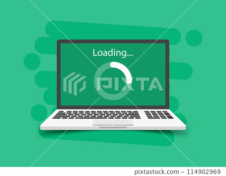 Laptop loading process icon in flat style. Software update vector illustration on isolated background. Updating sign business concept. Laptop loading process icon in flat style. Software update vector illustration on isolated background. Updating sign business concept. 114902969