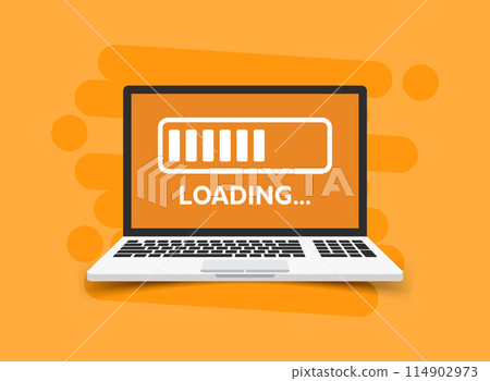 Laptop loading process icon in flat style. Software update vector illustration on isolated background. Updating sign business concept. Laptop loading process icon in flat style. Software update vector illustration on isolated background. Updating sign business concept. 114902973