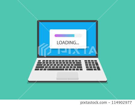 Laptop loading process icon in flat style. Software update vector illustration on isolated background. Updating sign business concept. 114902977