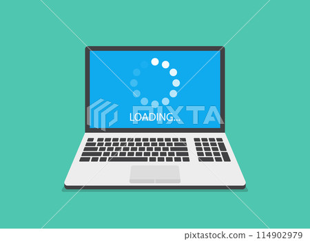 Laptop loading process icon in flat style. Software update vector illustration on isolated background. Updating sign business concept. Laptop loading process icon in flat style. Software update vector illustration on isolated background. Updating sign business concept. 114902979