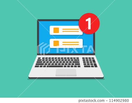 Laptop notification icon in flat style. Computer vector illustration on isolated background. Reminder message sign business concept. Laptop notification icon in flat style. Computer vector illustration on isolated background. Reminder message sign business concept. 114902980