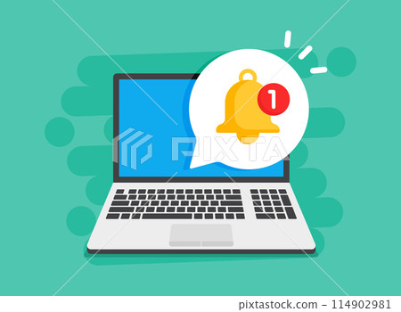 Laptop notification icon in flat style. Computer vector illustration on isolated background. Reminder message sign business concept. Laptop notification icon in flat style. Computer vector illustration on isolated background. Reminder message sign business concept. 114902981