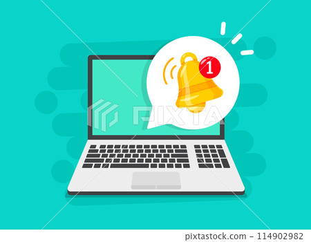 Laptop notification icon in flat style. Computer vector illustration on isolated background. Reminder message sign business concept. Laptop notification icon in flat style. Computer vector illustration on isolated background. Reminder message sign business concept. 114902982