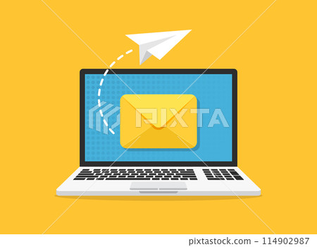 Laptop with envelope icon in flat style. Computer vector illustration on isolated background. Email notification sign business concept. Laptop with envelope icon in flat style. Computer vector illustration on isolated background. Email notification sign business concept. 114902987