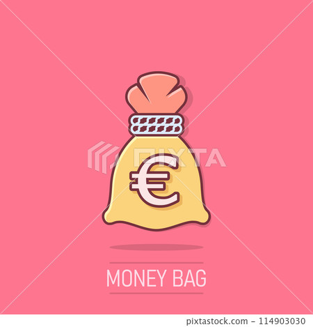 Money bag icon in comic style. Moneybag cartoon vector illustration on isolated background. Coin sack splash effect sign business concept. Money bag icon in comic style. Moneybag cartoon vector illustration on isolated background. Coin sack splash effect sign business concept. 114903030