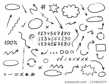 Arrow circles and abstract doodle icon in hand drawn style. Number vector illustration on isolated background. Letters, arrows sign business concept. 114903074