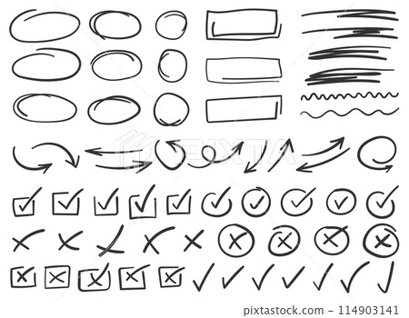 Check mark icon in hand drawn style. Handmade doodle vector illustration on isolated background. Cross, circles, arrow mark sign business concept. Check mark icon in hand drawn style. Handmade doodle vector illustration on isolated background. Cross, circles, arrow mark sign business concept. 114903141