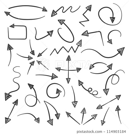 Arrow icon in hand drawn style. Handmade doodle vector illustration on isolated background. Cursor pointer sign business concept. 114903184