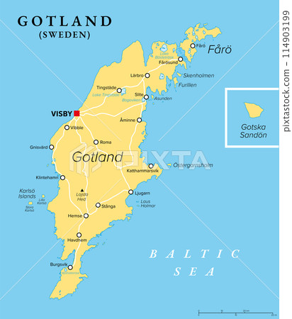 Gotland, political map. Largest island of Sweden, fully encompassed by Baltic Sea. Province Gotland with capital Visby includes the island Faroe, Gotska Sandoen and Karlsoe Islands Lilla and Stora. Gotland, political map. Largest island of Sweden, fully encompassed by Baltic Sea. Province Gotland with capital Visby includes the island Faroe, Gotska Sandoen and Karlsoe Islands Lilla and Stora. 114903199