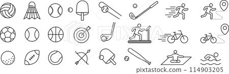 Monochrome line icon set related to sports Monochrome line icon set related to sports 114903205