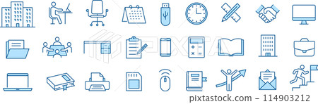 關於辦公室的線條畫圖標集以兩種藍色顯示 關於辦公室的線條畫圖標集以兩種藍色顯示 114903212