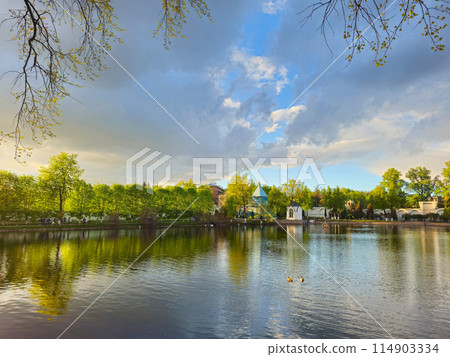 Trees reflection on the pond surface, spring park, lake, cloudy sky. Trees reflection on the pond surface, spring park, lake, cloudy sky. 114903334