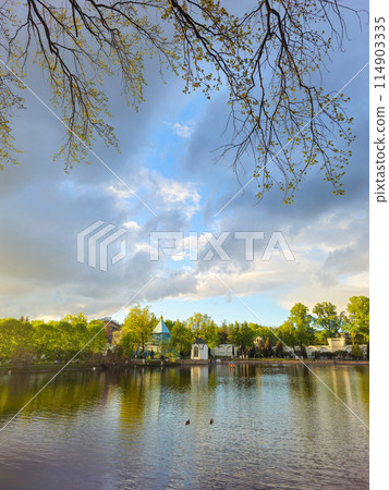 Trees reflection on the pond surface, spring park, lake, cloudy sky. Trees reflection on the pond surface, spring park, lake, cloudy sky. 114903335