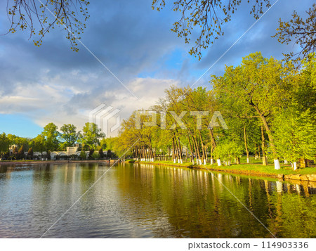 Trees reflection on the pond surface, spring park, lake, cloudy sky. Trees reflection on the pond surface, spring park, lake, cloudy sky. 114903336
