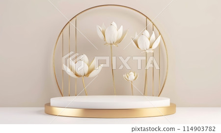 Empty white round podium stage with minimalistic style gold and white colored flowers decoration Empty white round podium stage with minimalistic style gold and white colored flowers decoration 114903782