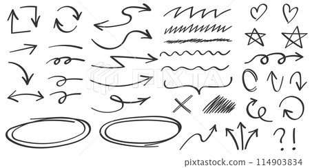 Arrows circles and abstract doodle icon in hand drawn style. Handmade painted vector illustration on isolated background. Scribble elements sign business concept. 114903834