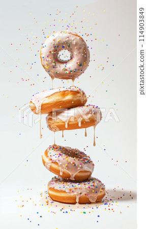 Assortment of glazing balancing donuts with dripping glaze isolated on white background Assortment of glazing balancing donuts with dripping glaze isolated on white background 114903849