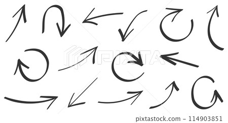 Arrow icon in hand drawn style. Handmade doodle vector illustration on isolated background. Cursor pointer sign business concept. 114903851