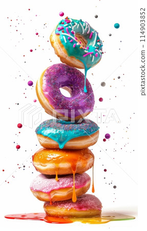Assortment of glazing balancing donuts with dripping glaze isolated on white background 114903852