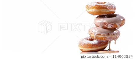 Assortment of glazing balancing donuts with dripping glaze isolated on white background Assortment of glazing balancing donuts with dripping glaze isolated on white background 114903854