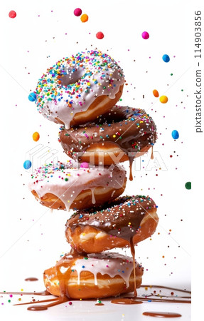 Assortment of glazing balancing donuts with dripping glaze isolated on white background Assortment of glazing balancing donuts with dripping glaze isolated on white background 114903856