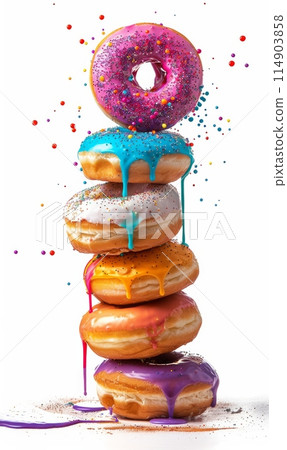 Assortment of glazing balancing donuts with dripping glaze isolated on white background Assortment of glazing balancing donuts with dripping glaze isolated on white background 114903858