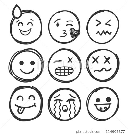 Emojis faces icon in hand drawn style. Doddle emoticons vector illustration on isolated background. Happy and sad face sign business concept. 114903877