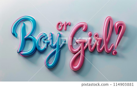 Boy or girl. Gender reveal illustration. Inspirational modern calligraphy lettering with painted blue and pink splashes. Template typography for party invitation, banner, poster. 114903881