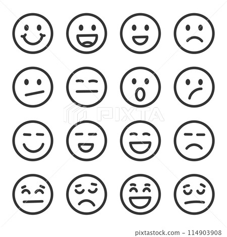 Emojis faces icon in hand drawn style. Doddle emoticons vector illustration on isolated background. Happy and sad face sign business concept. Emojis faces icon in hand drawn style. Doddle emoticons vector illustration on isolated background. Happy and sad face sign business concept. 114903908