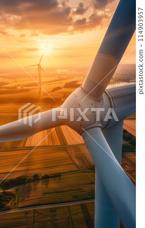 Closeup of windmill for electric power production. Wind turbine, alternative energy. Closeup of windmill for electric power production. Wind turbine, alternative energy. 114903957