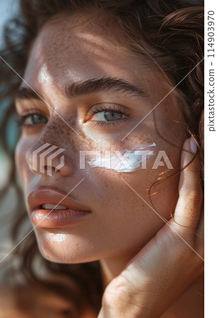 Woman applying sunscreen spf cream Woman applying sunscreen spf cream 114903970