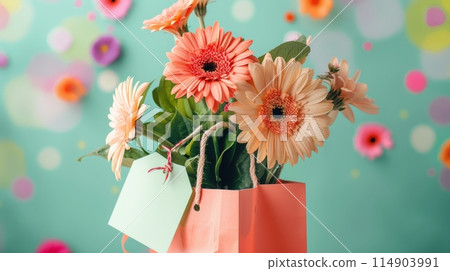 Shopping paper bag with spring flowers and sale price tag. Template for your promotional design. 114903991