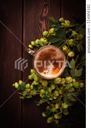 A mug of beer , on a wooden table, with a branch of fresh hops, rustic , no people, 114904381