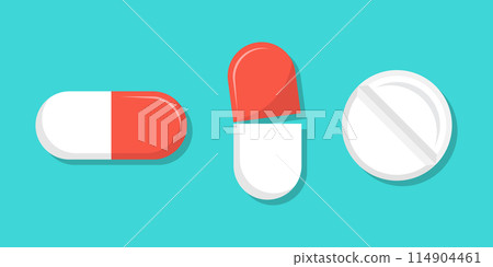 Pills capsules icon in flat style. Medical tablet vector illustration on isolated background. Healthcare drug sign business concept. 114904461
