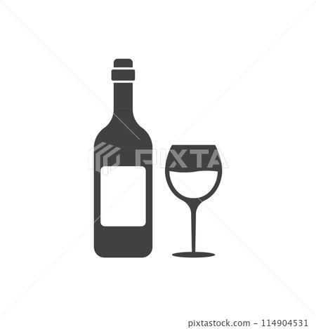 Wine bottle with glass icon in flat style. Alcohol drink vector illustration on isolated background. Champagne beverage sign business concept. 114904531