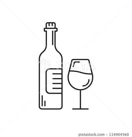 Wine bottle with glass icon in flat style. Alcohol drink vector illustration on isolated background. Champagne beverage sign business concept. Wine bottle with glass icon in flat style. Alcohol drink vector illustration on isolated background. Champagne beverage sign business concept. 114904560