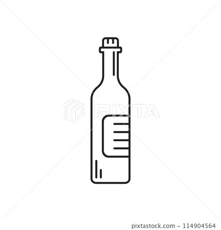 Wine bottle with glass icon in flat style. Alcohol drink vector illustration on isolated background. Champagne beverage sign business concept. 114904564