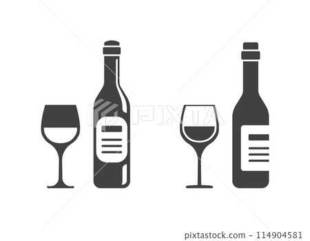 Wine bottle with glass icon in flat style. Alcohol drink vector illustration on isolated background. Champagne beverage sign business concept. Wine bottle with glass icon in flat style. Alcohol drink vector illustration on isolated background. Champagne beverage sign business concept. 114904581