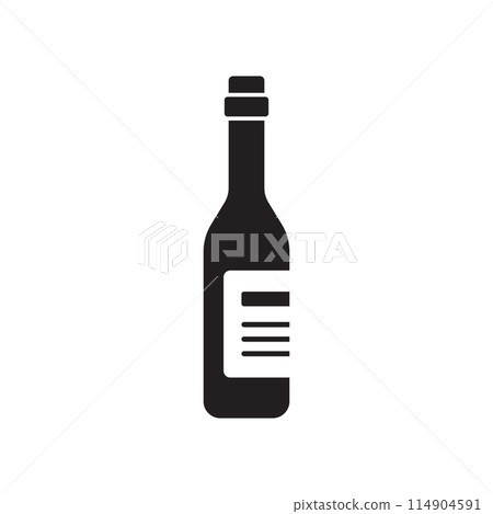 Wine bottle with glass icon in flat style. Alcohol drink vector illustration on isolated background. Champagne beverage sign business concept. 114904591
