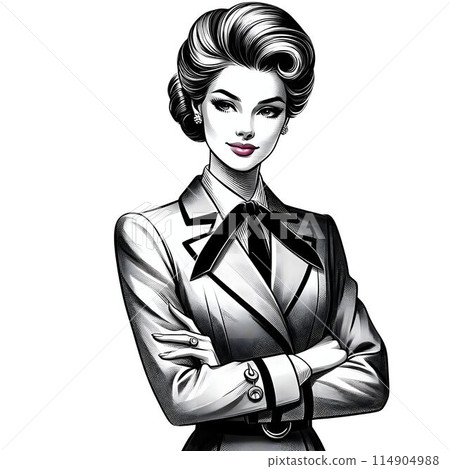 A monochrome illustration of a classic woman wearing a blazer with her arms crossed. Her pink lips stand out with a single coloring. 114904988