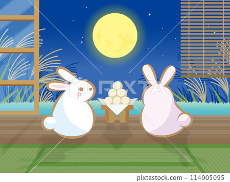 Two rabbits watching the moon from the veranda of a Japanese-style room (side view) 114905095