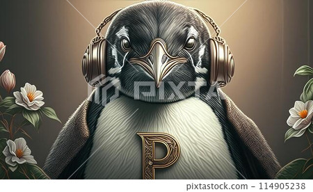 逼真的企鵝插圖，以花和字母為設計主題 114905238