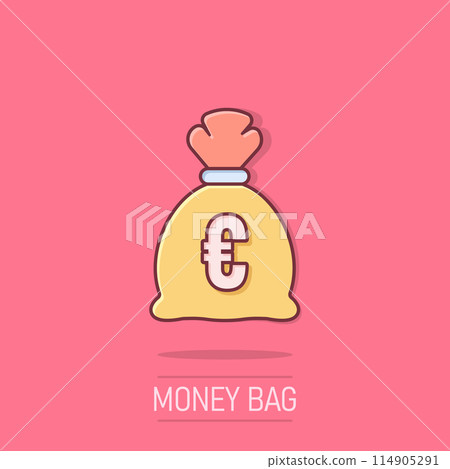 Money bag icon in comic style. Moneybag cartoon vector illustration on isolated background. Coin sack splash effect sign business concept. 114905291