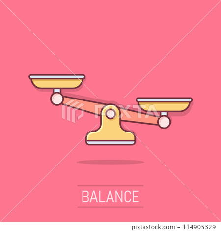 Scales icon in comic style. Libra cartoon vector illustration on isolated background. Mass comparison splash effect sign business concept. 114905329