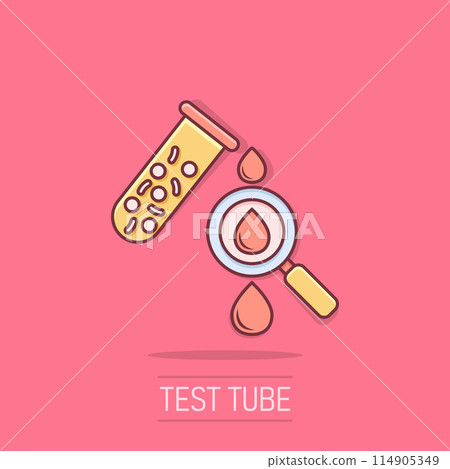 Blood test tube icon in comic style. Hematology cartoon vector illustration on isolated background. Laboratory flask splash effect sign business concept. Blood test tube icon in comic style. Hematology cartoon vector illustration on isolated background. Laboratory flask splash effect sign business concept. 114905349