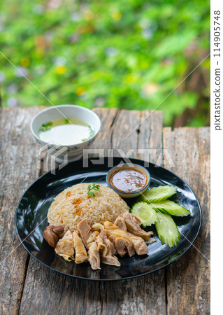 steamed rice topped with chicken steamed rice topped with chicken 114905748