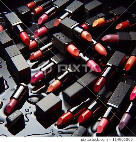 Photograph of lipsticks of various shades in black cases, which stand in a row diagonally on a black background, reflected from a glossy surface Photograph of lipsticks of various shades in black cases, which stand in a row diagonally on a black background, reflected from a glossy surface 114905806