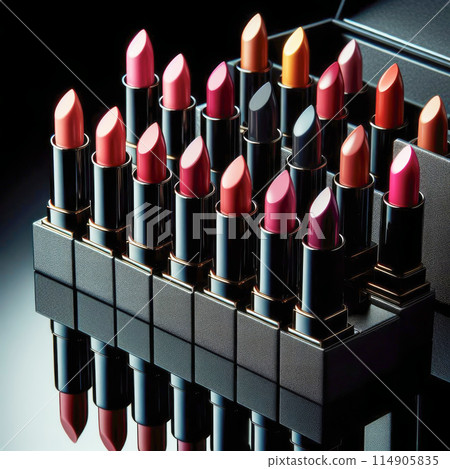 Photograph of lipsticks of various shades in black cases, which stand in a row diagonally on a black background, reflected from a glossy surface Photograph of lipsticks of various shades in black cases, which stand in a row diagonally on a black background, reflected from a glossy surface 114905835