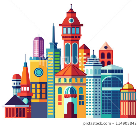 Landscape set of buildings silhouetted on white background. 114905842