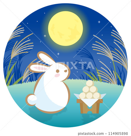 A rabbit watching the moon in a silver grass field at night (circle cut) 114905898